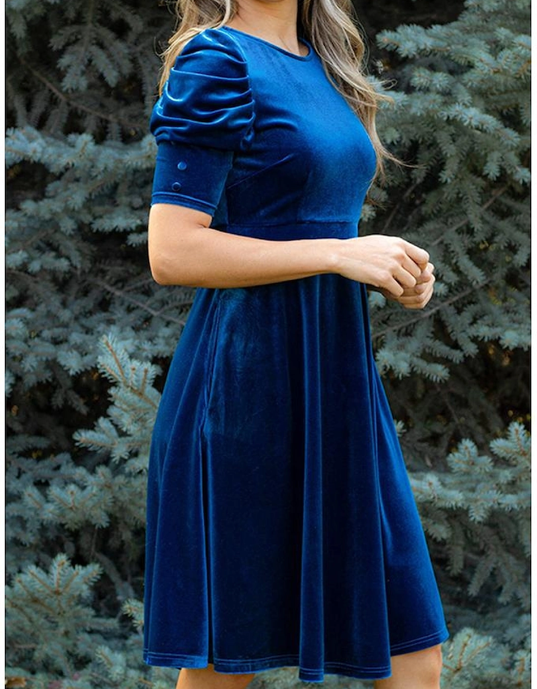 Sail Blue Velvet Ruched Short Sleeve Pocketed Mini Dress, 6 of 5