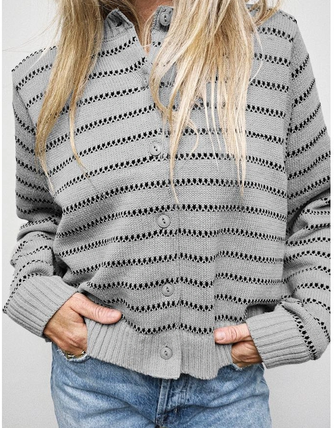 Gray Stripe Button Front Ribbed Trim Short Cardigan