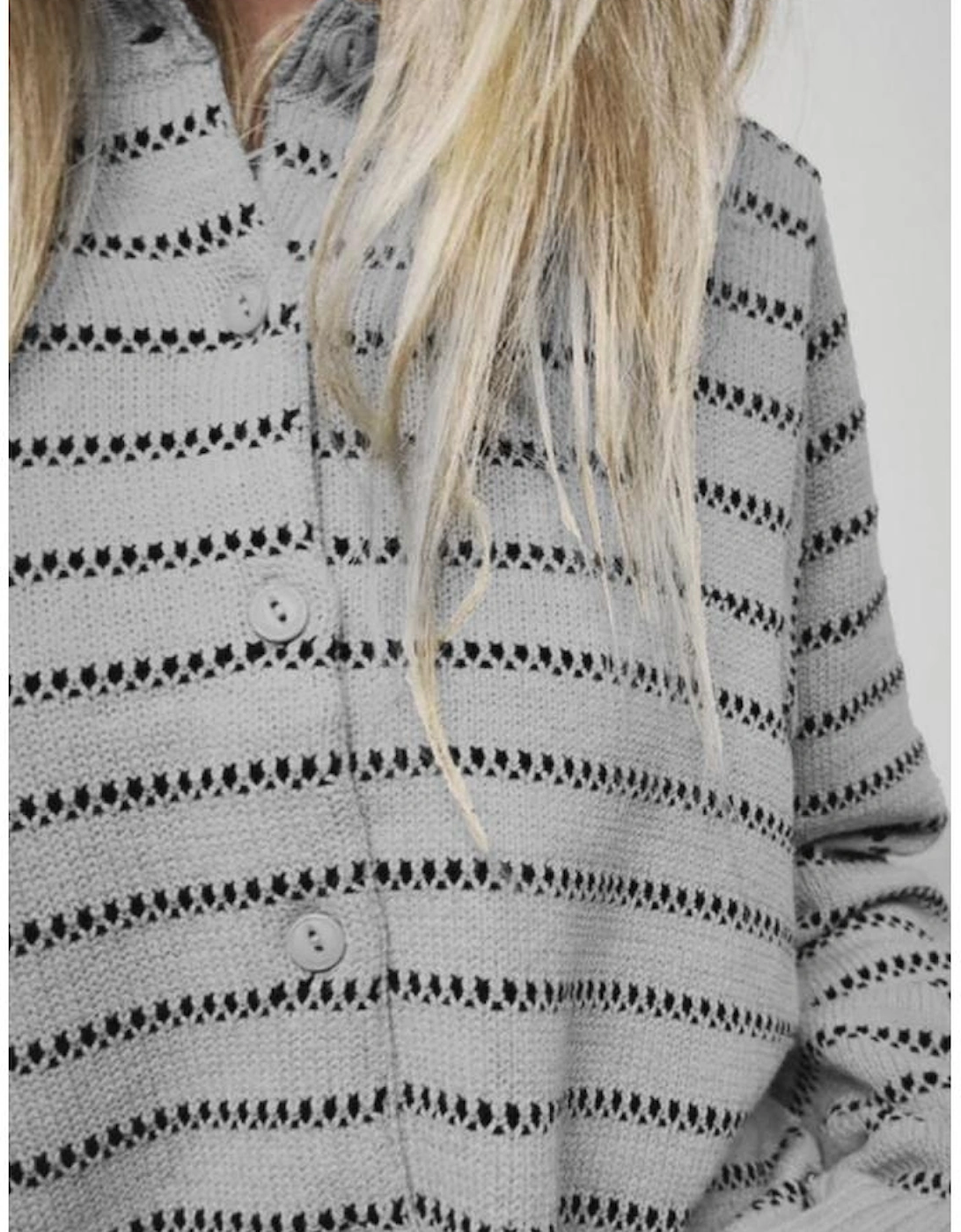 Gray Stripe Button Front Ribbed Trim Short Cardigan