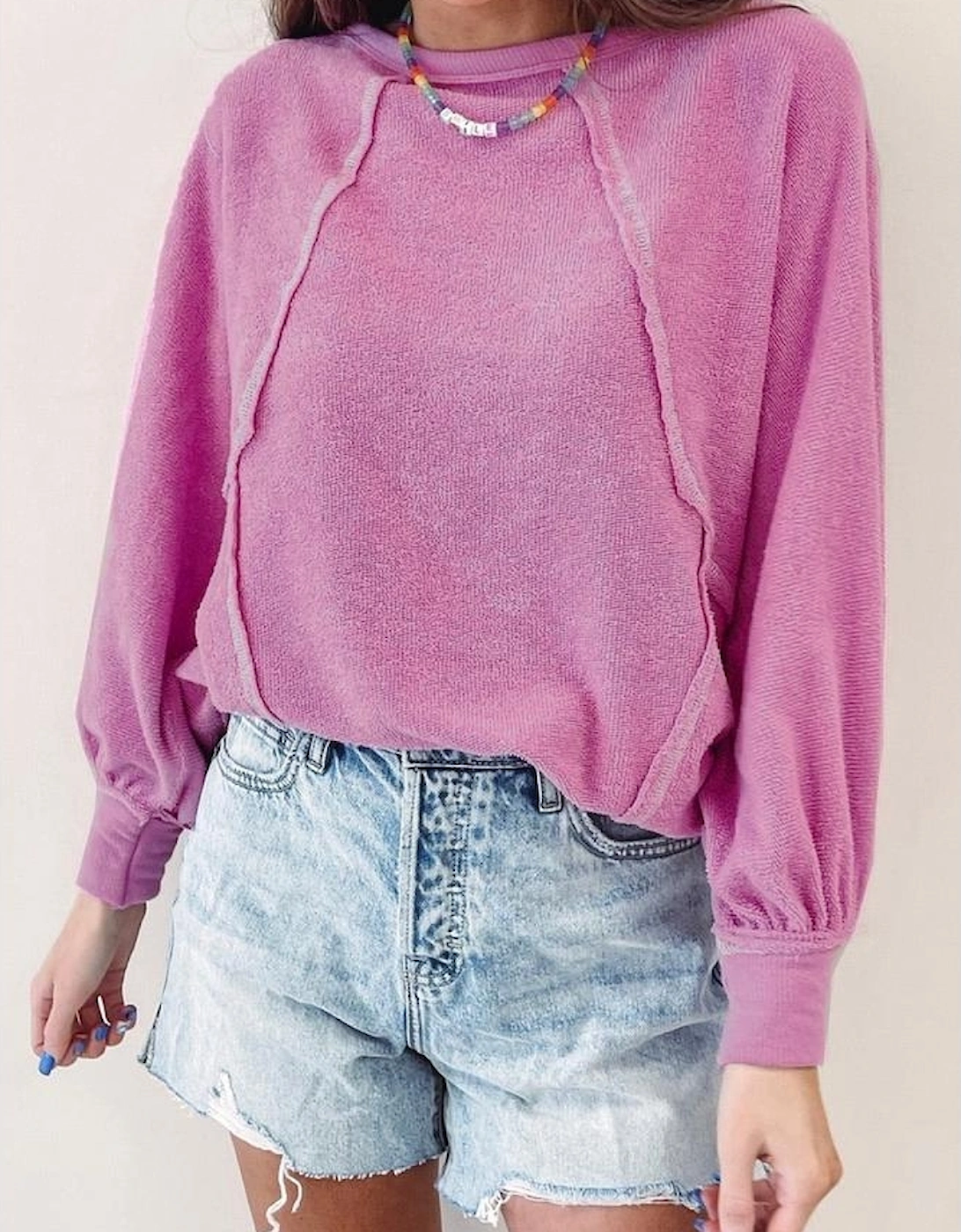 Pink Exposed Seam Round Neck Terry Pullover, 5 of 4
