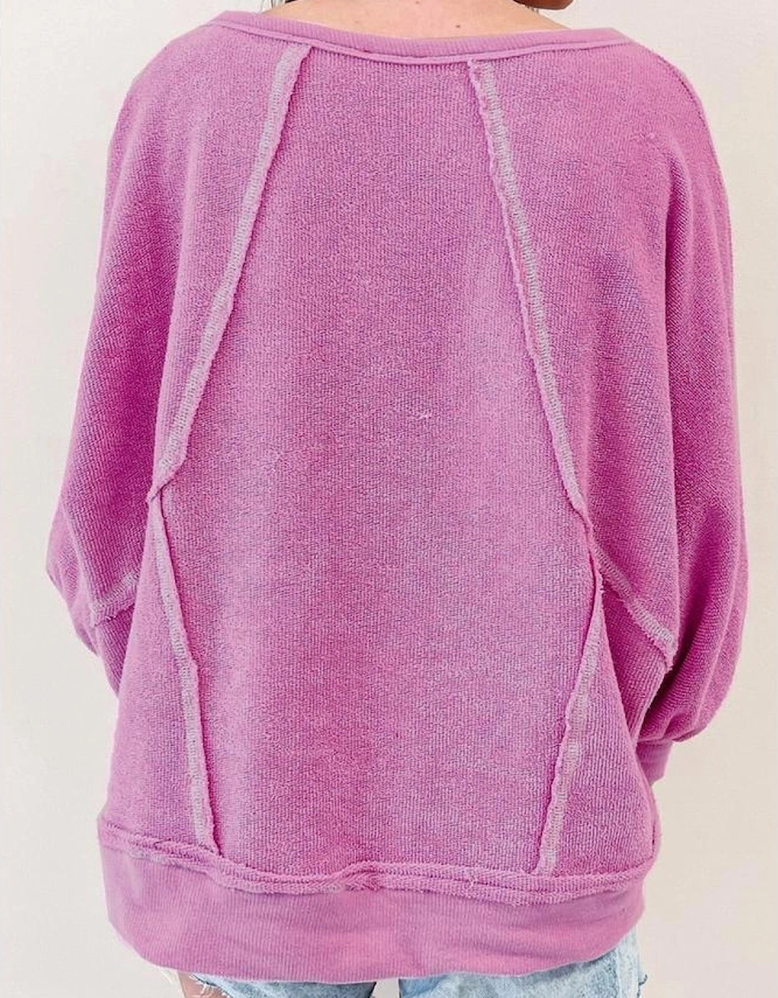 Pink Exposed Seam Round Neck Terry Pullover