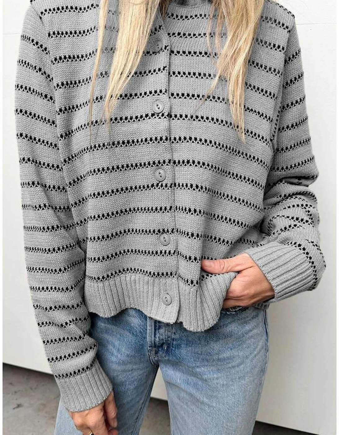 Gray Stripe Button Front Ribbed Trim Short Cardigan, 5 of 4