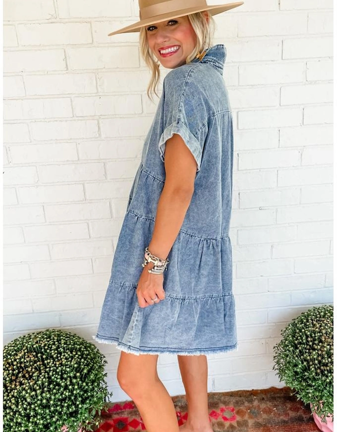 Sky Blue Acid Wash V Neck Tiered Denim Dress, 4 of 3