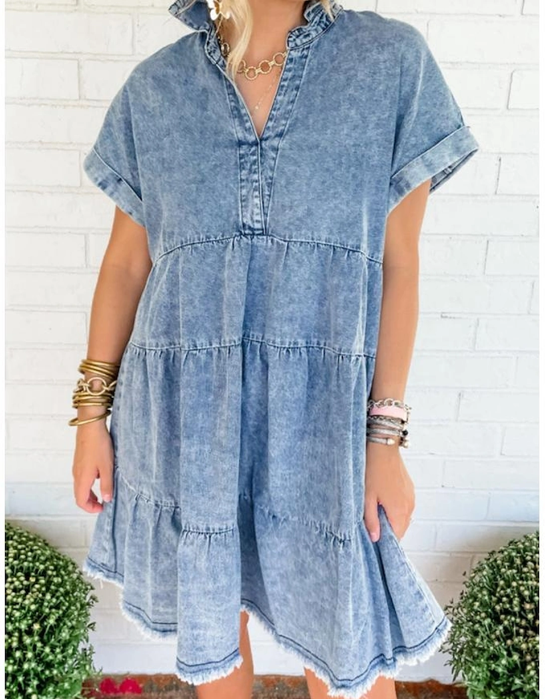 Sky Blue Acid Wash V Neck Tiered Denim Dress