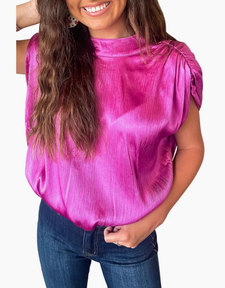 Bright Pink Ruched Sleeves Knotted Backless Blouse