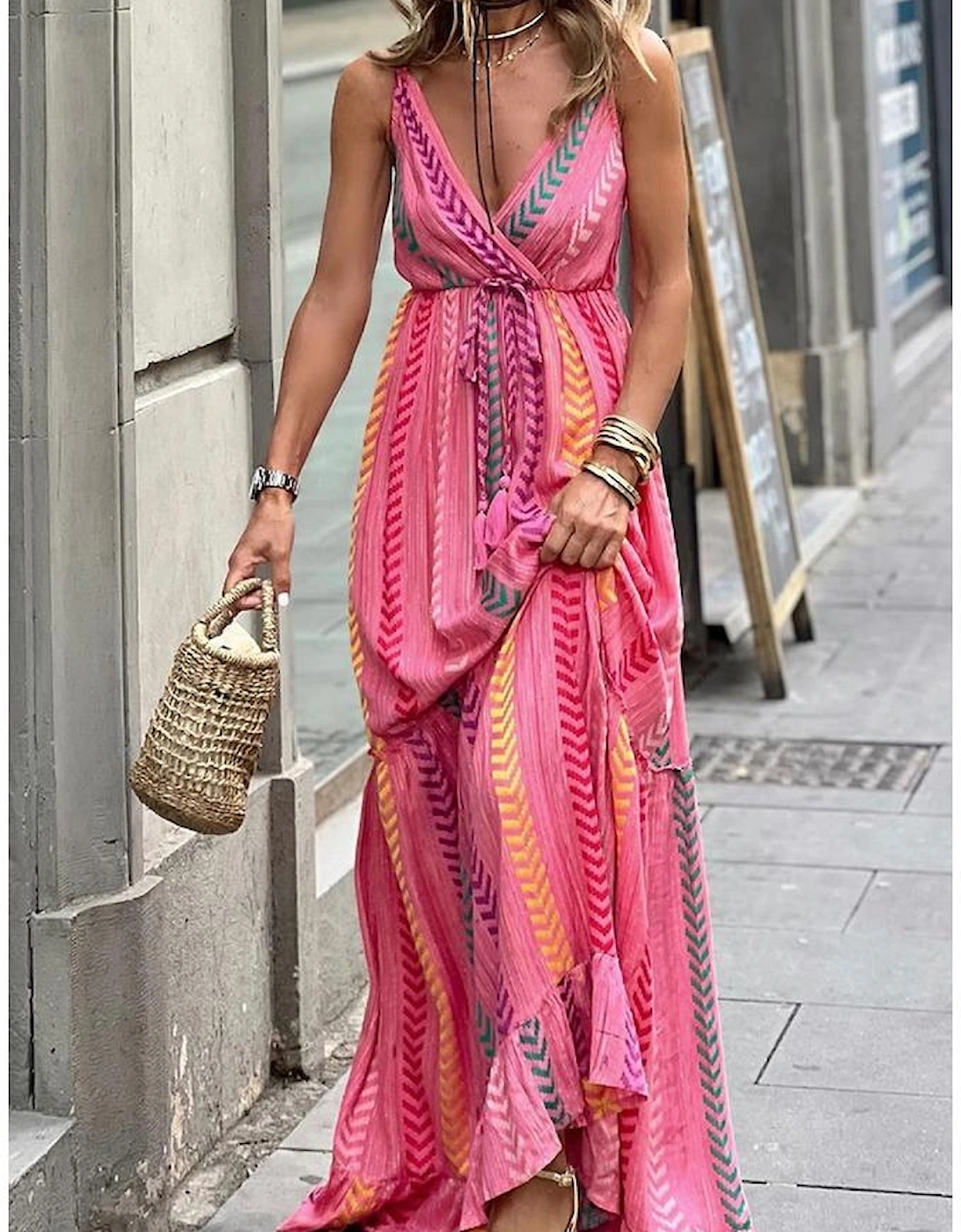 Pink Western Printed Tassel Tie V Neck Wrap Maxi Dress, 14 of 13