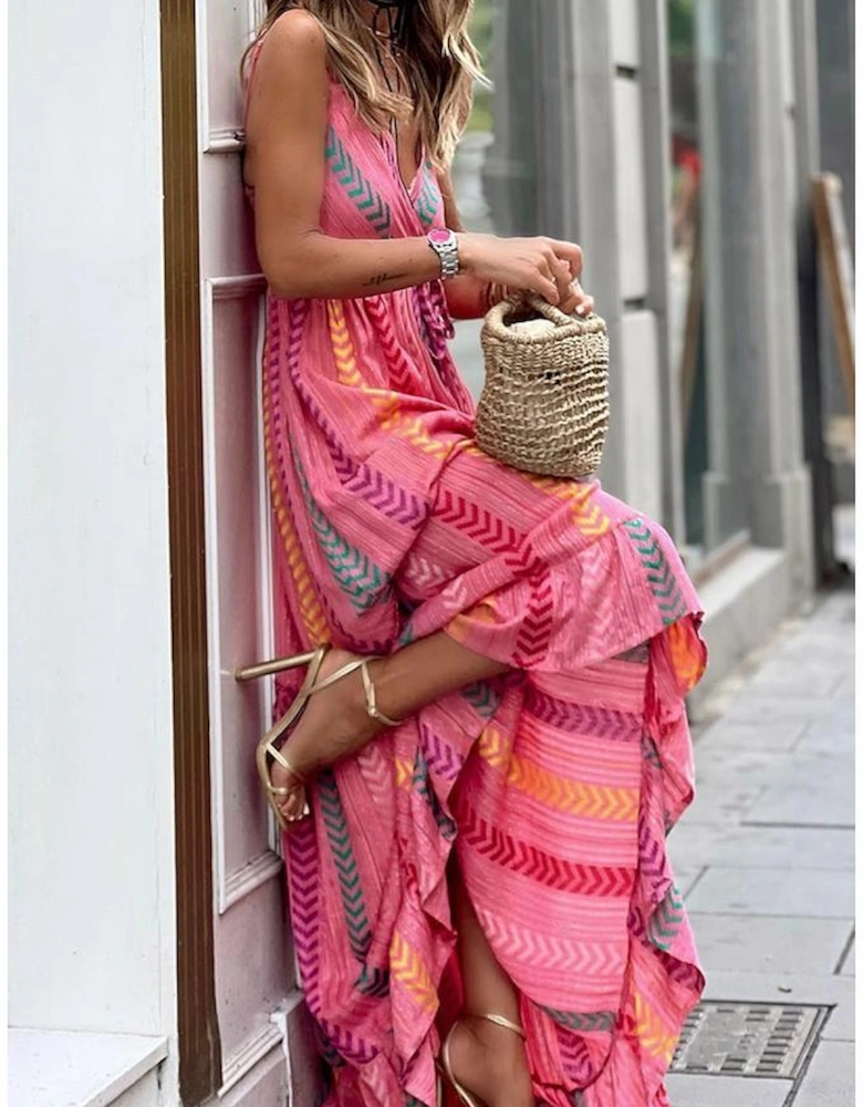 Pink Western Printed Tassel Tie V Neck Wrap Maxi Dress