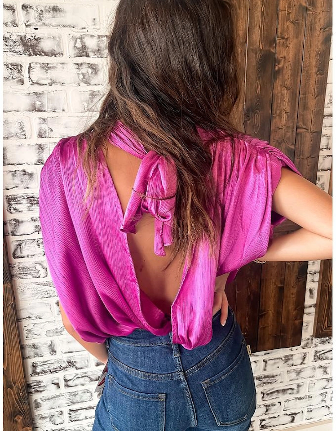 Bright Pink Ruched Sleeves Knotted Backless Blouse