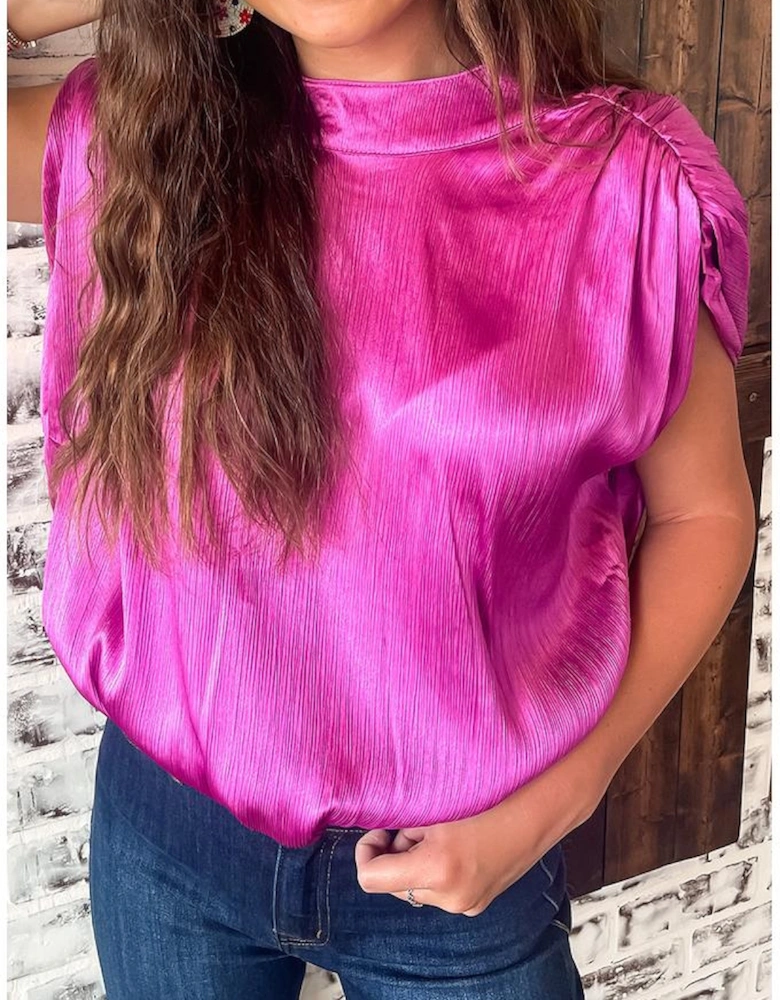 Bright Pink Ruched Sleeves Knotted Backless Blouse