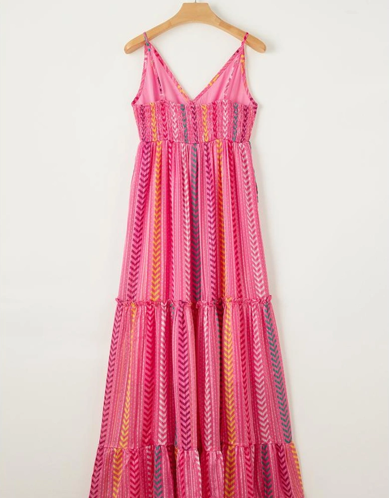 Pink Western Printed Tassel Tie V Neck Wrap Maxi Dress