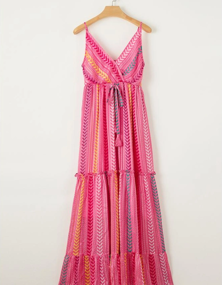 Pink Western Printed Tassel Tie V Neck Wrap Maxi Dress