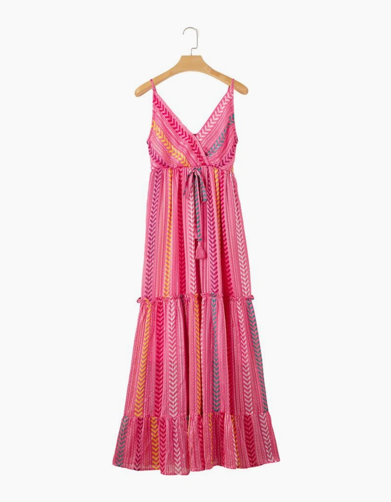 Pink Western Printed Tassel Tie V Neck Wrap Maxi Dress