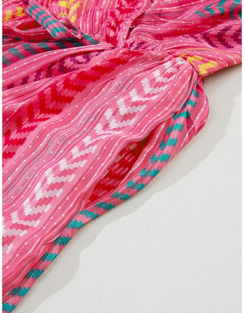 Pink Western Printed Tassel Tie V Neck Wrap Maxi Dress