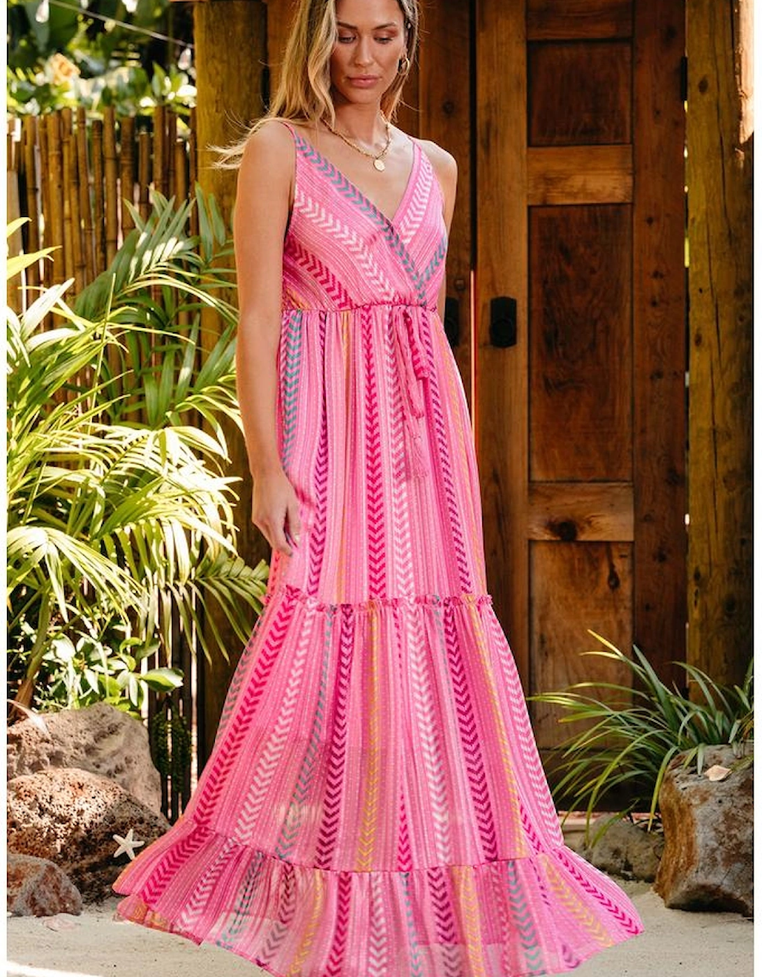 Pink Western Printed Tassel Tie V Neck Wrap Maxi Dress
