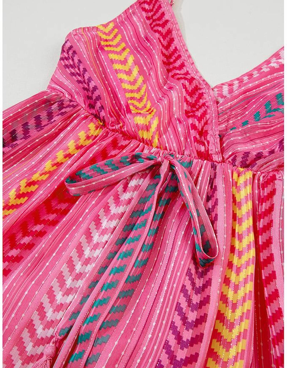 Pink Western Printed Tassel Tie V Neck Wrap Maxi Dress