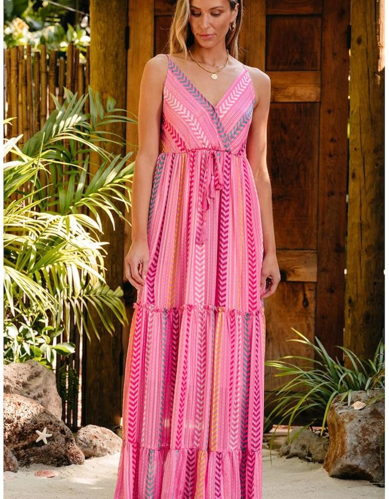 Pink Western Printed Tassel Tie V Neck Wrap Maxi Dress