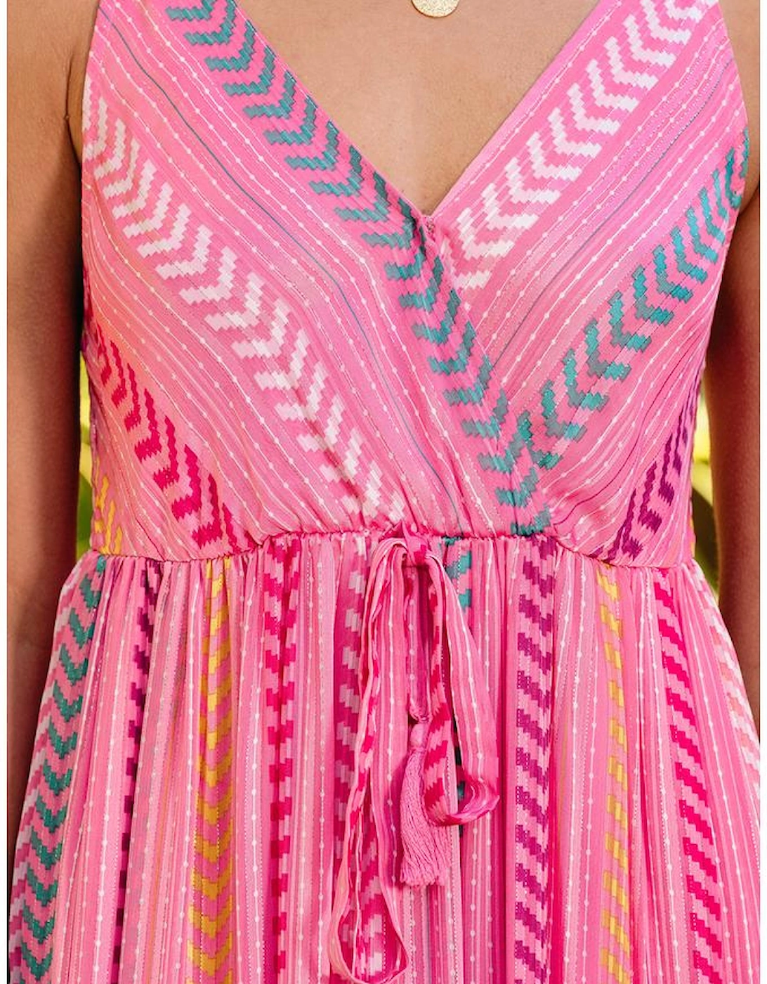 Pink Western Printed Tassel Tie V Neck Wrap Maxi Dress