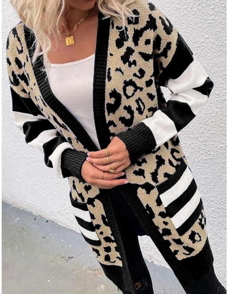 Black Stripe Sleeve Leopard Print Open Front Cardigan With Pockets