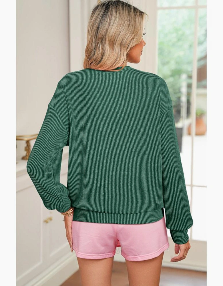 Evergreen Twisted Rib Outlined Merry Letter Graphic Loose Long Sleeve Top