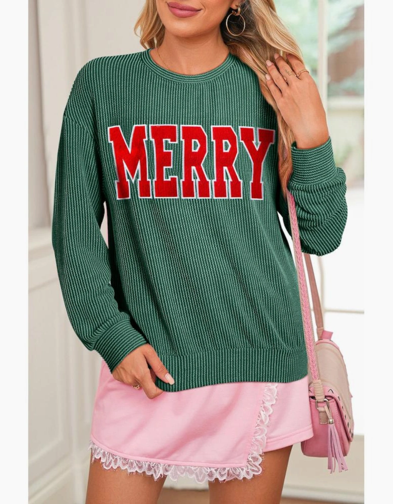 Evergreen Twisted Rib Outlined Merry Letter Graphic Loose Long Sleeve Top
