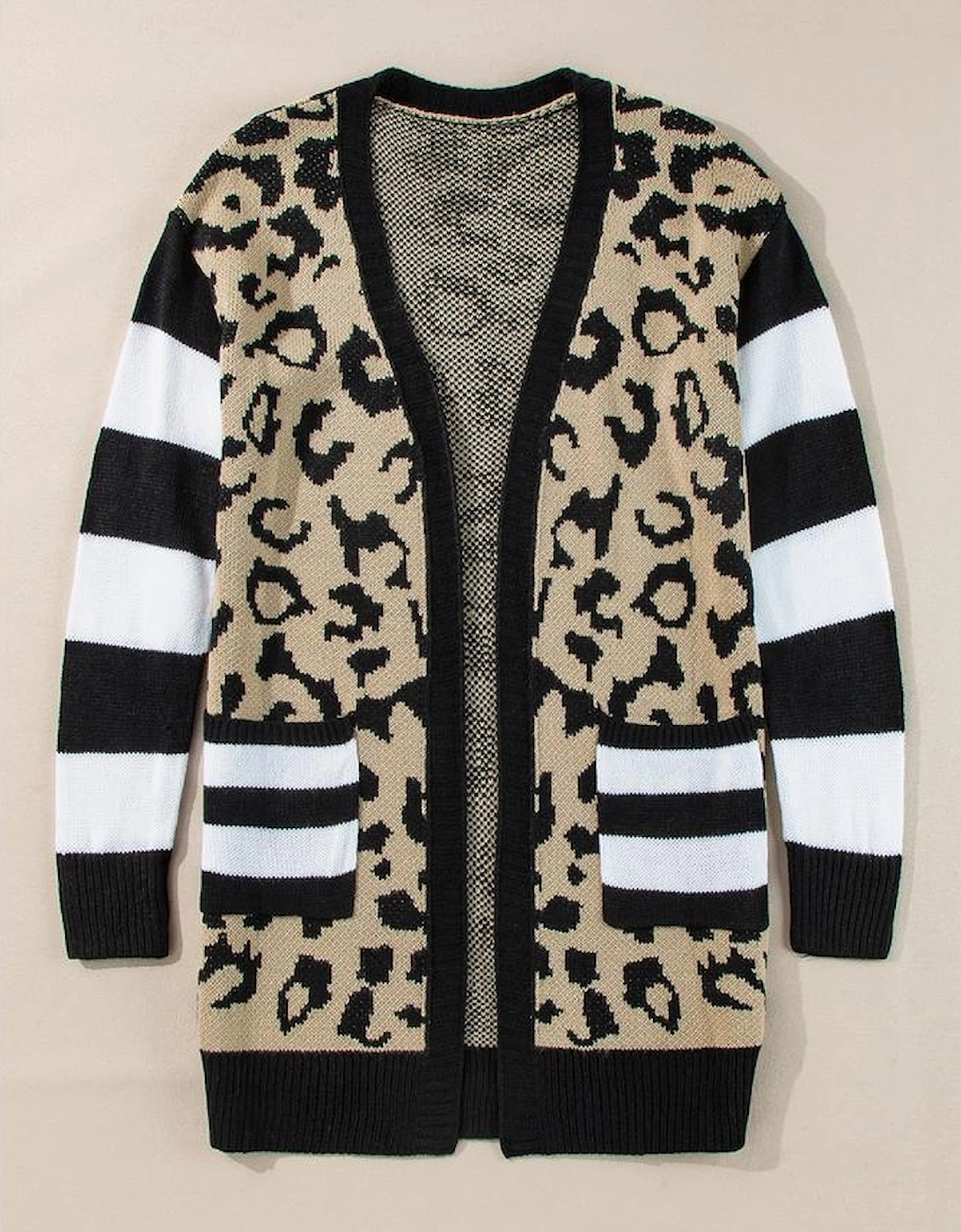Black Stripe Sleeve Leopard Print Open Front Cardigan With Pockets