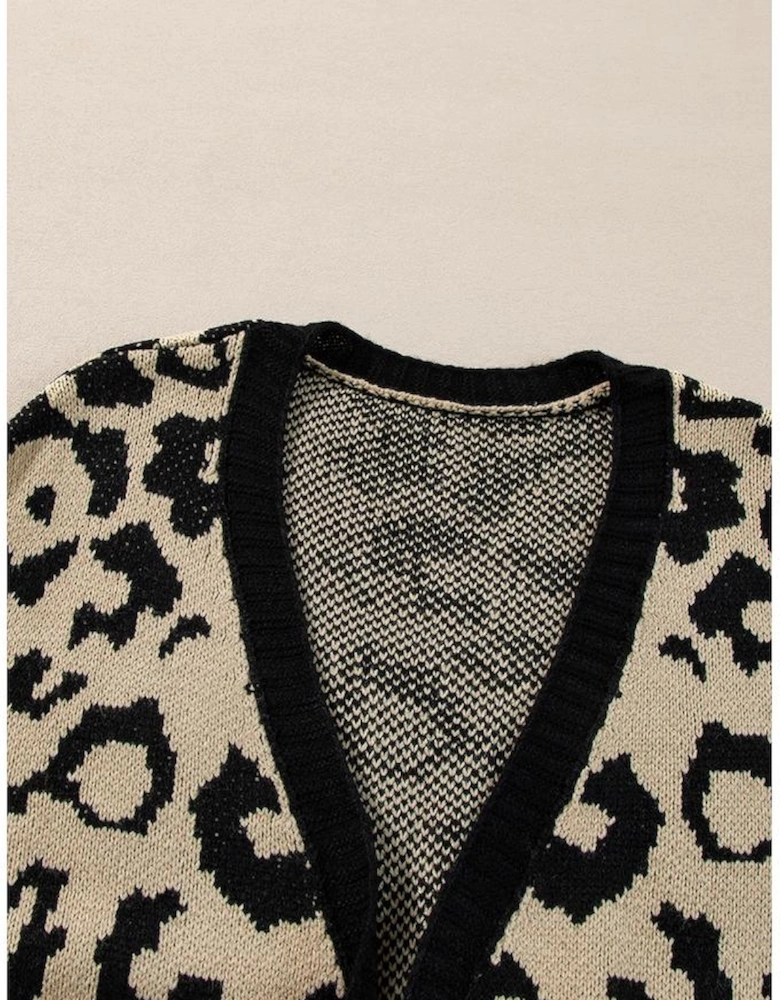 Black Stripe Sleeve Leopard Print Open Front Cardigan With Pockets