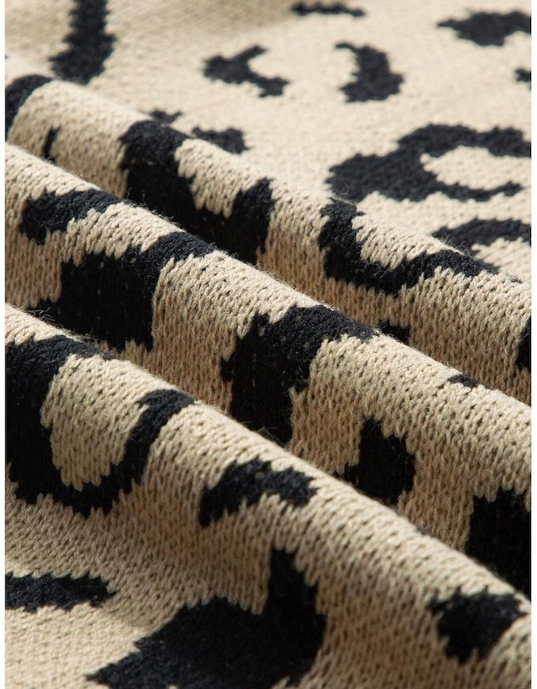 Black Stripe Sleeve Leopard Print Open Front Cardigan With Pockets