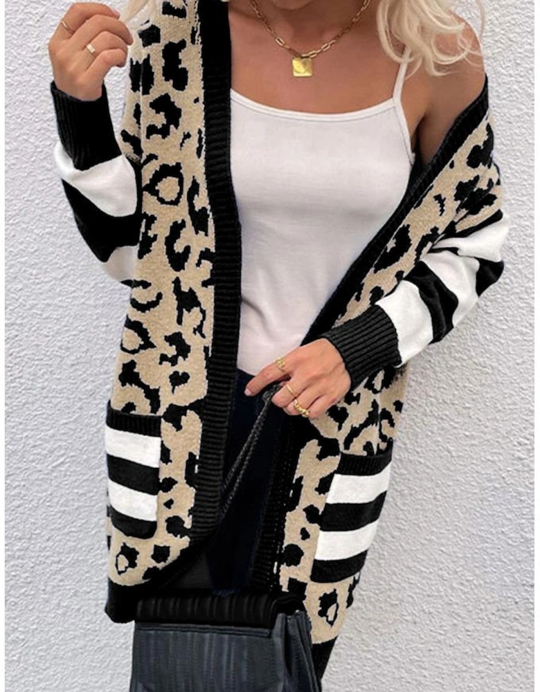 Black Stripe Sleeve Leopard Print Open Front Cardigan With Pockets