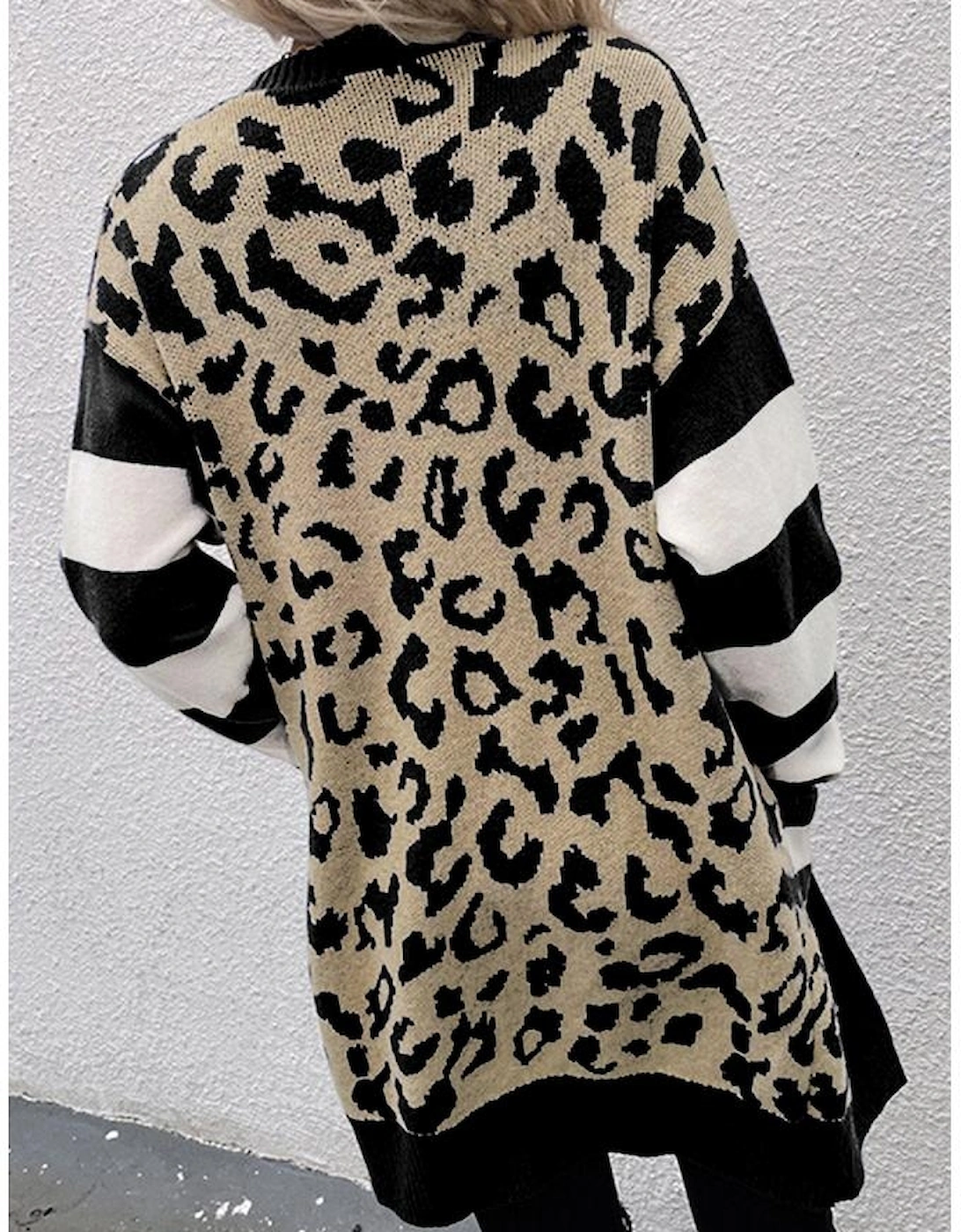 Black Stripe Sleeve Leopard Print Open Front Cardigan With Pockets