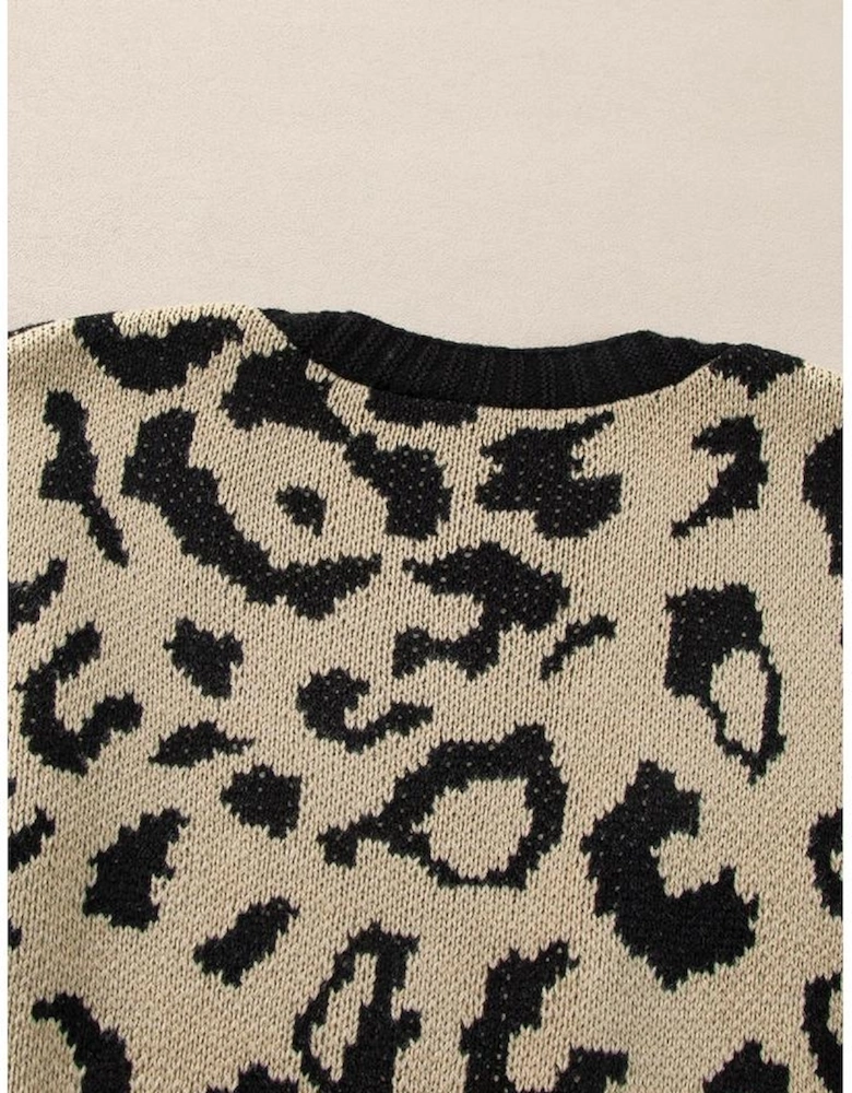 Black Stripe Sleeve Leopard Print Open Front Cardigan With Pockets