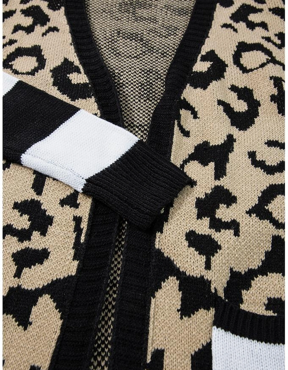 Black Stripe Sleeve Leopard Print Open Front Cardigan With Pockets