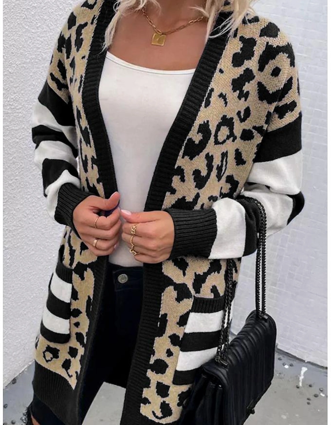 Black Stripe Sleeve Leopard Print Open Front Cardigan With Pockets