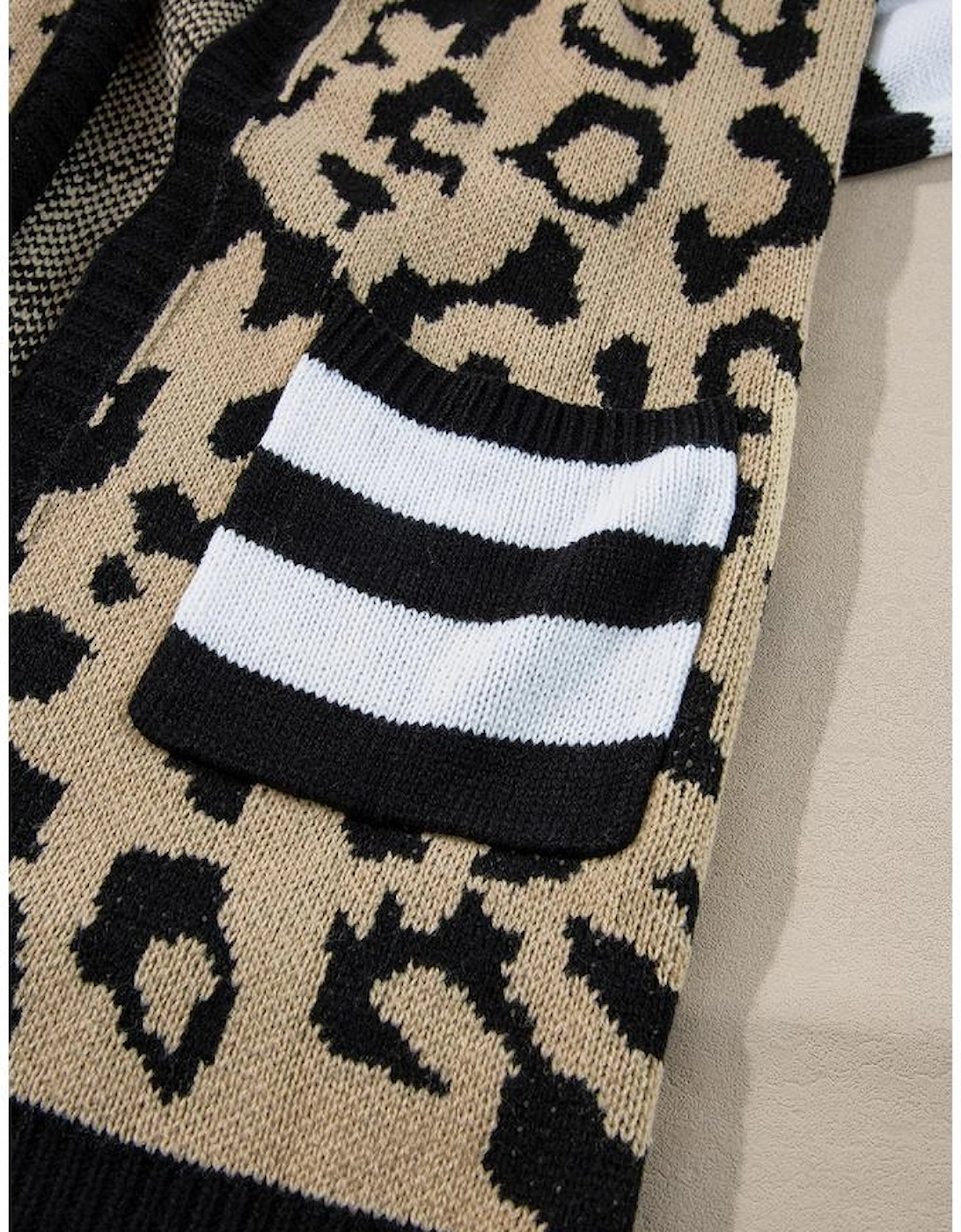 Black Stripe Sleeve Leopard Print Open Front Cardigan With Pockets