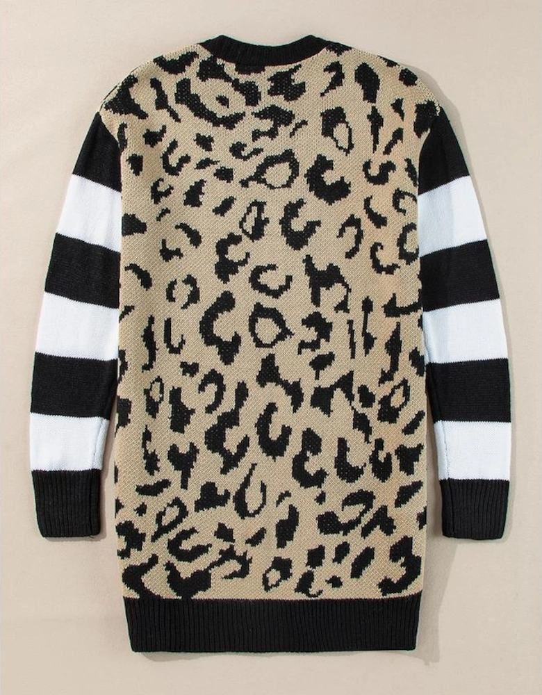 Black Stripe Sleeve Leopard Print Open Front Cardigan With Pockets