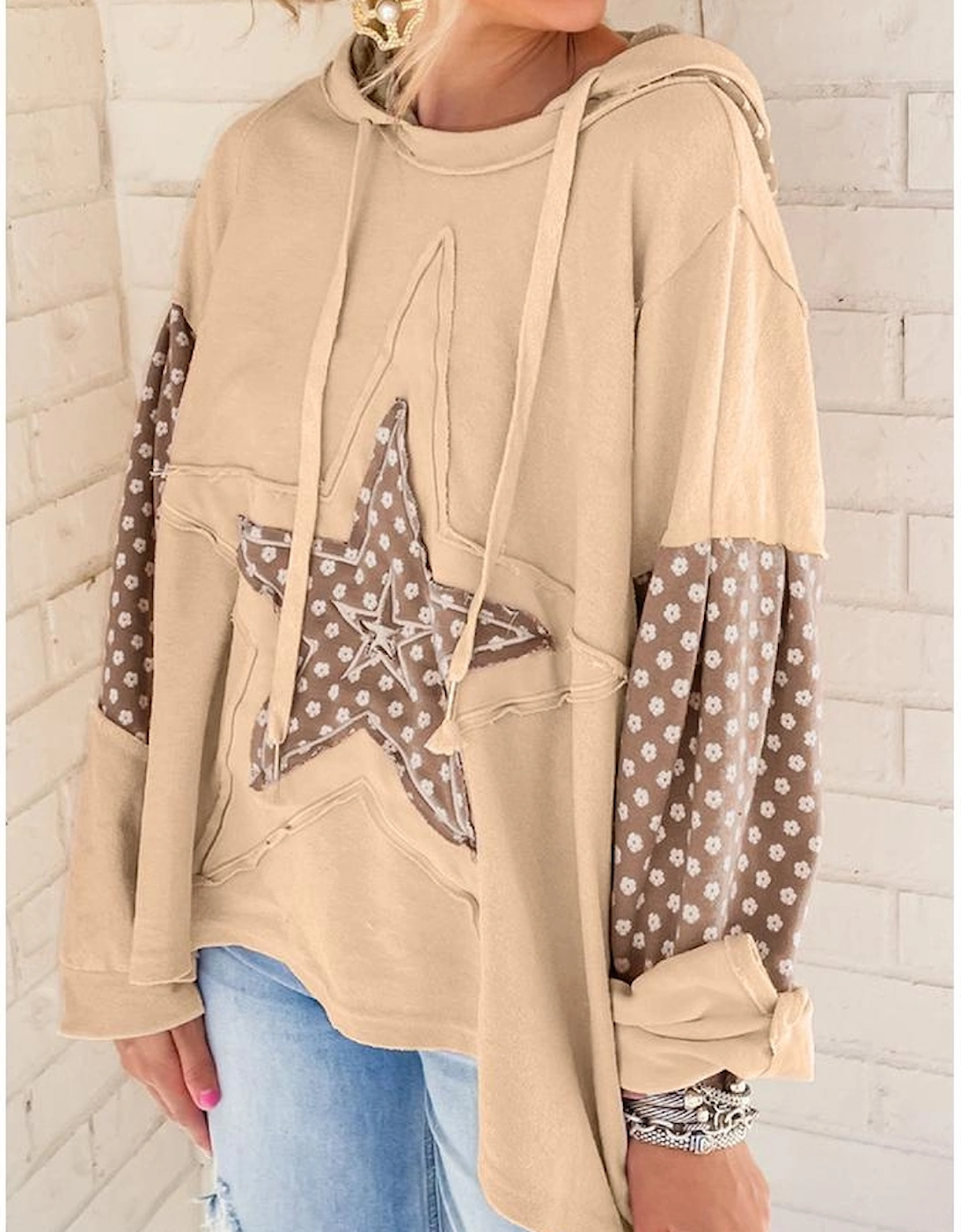 Apricot Floral Patchwork Star Pattern Drawstring Hoodie