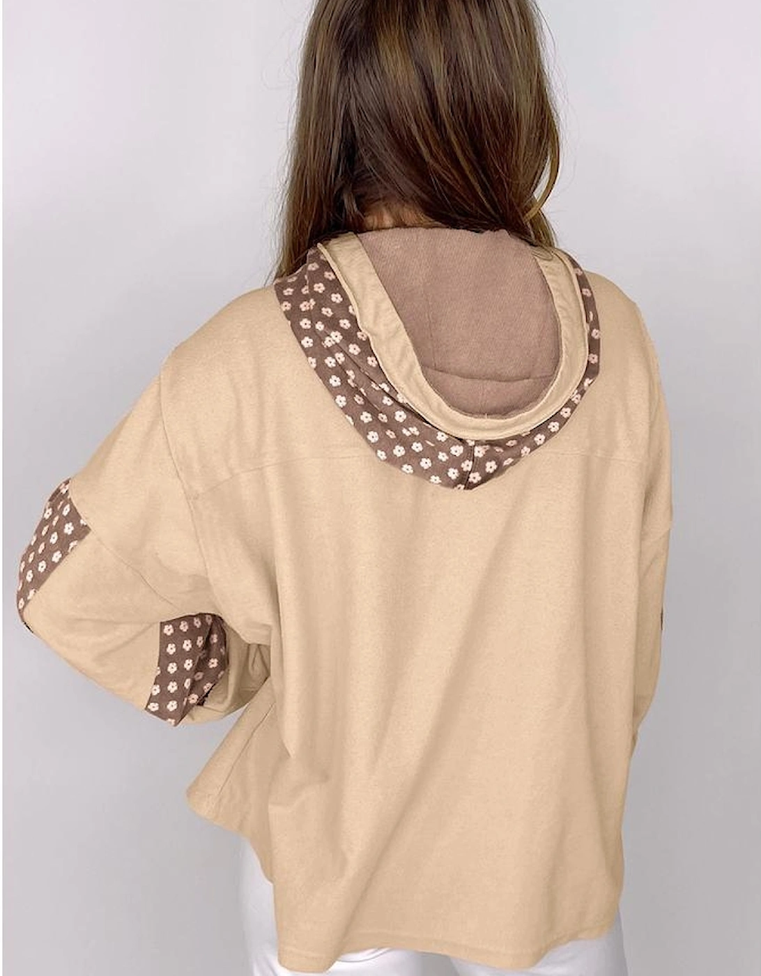 Apricot Floral Patchwork Star Pattern Drawstring Hoodie