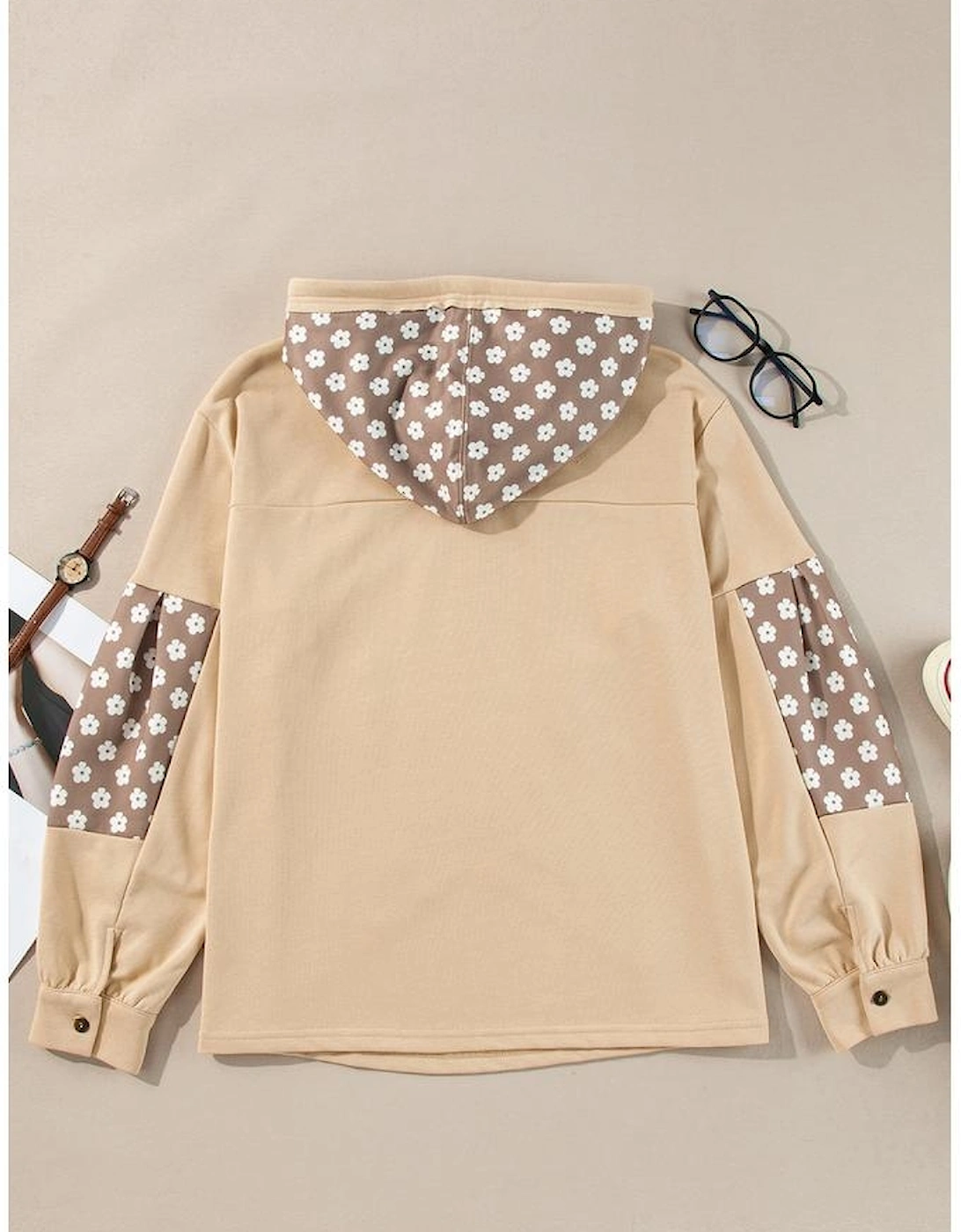 Apricot Floral Patchwork Star Pattern Drawstring Hoodie