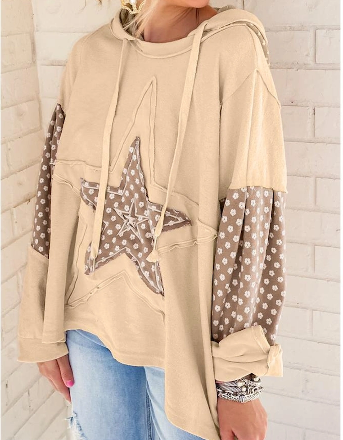 Apricot Floral Patchwork Star Pattern Drawstring Hoodie