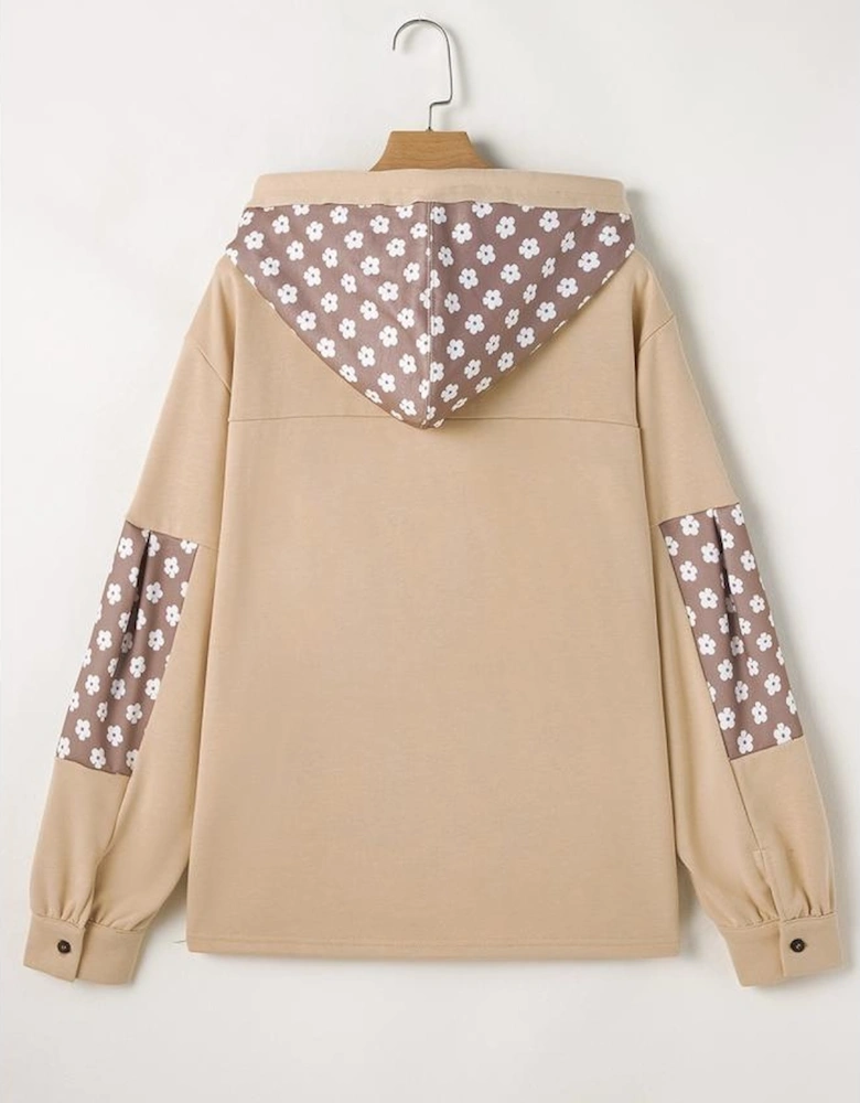 Apricot Floral Patchwork Star Pattern Drawstring Hoodie