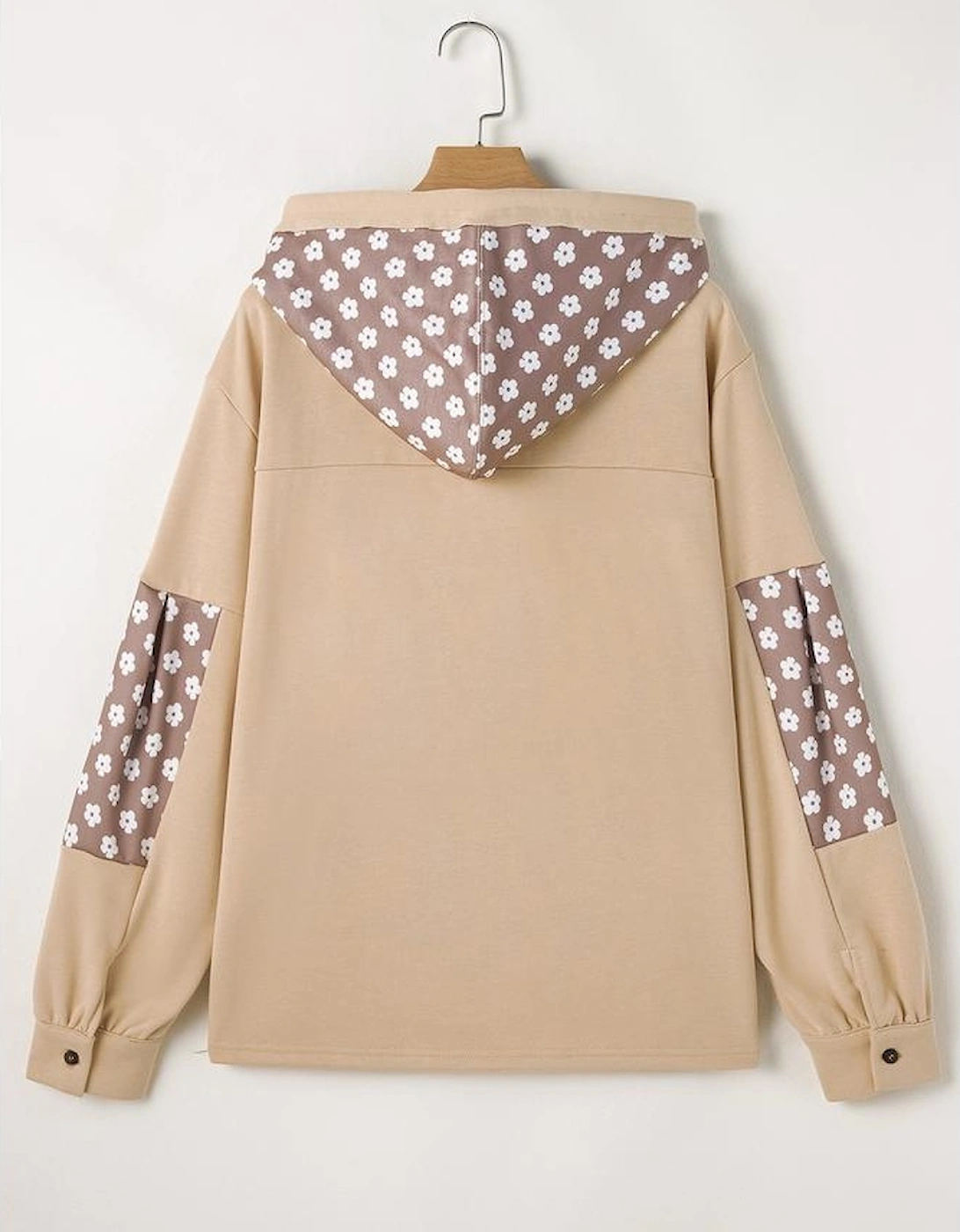 Apricot Floral Patchwork Star Pattern Drawstring Hoodie