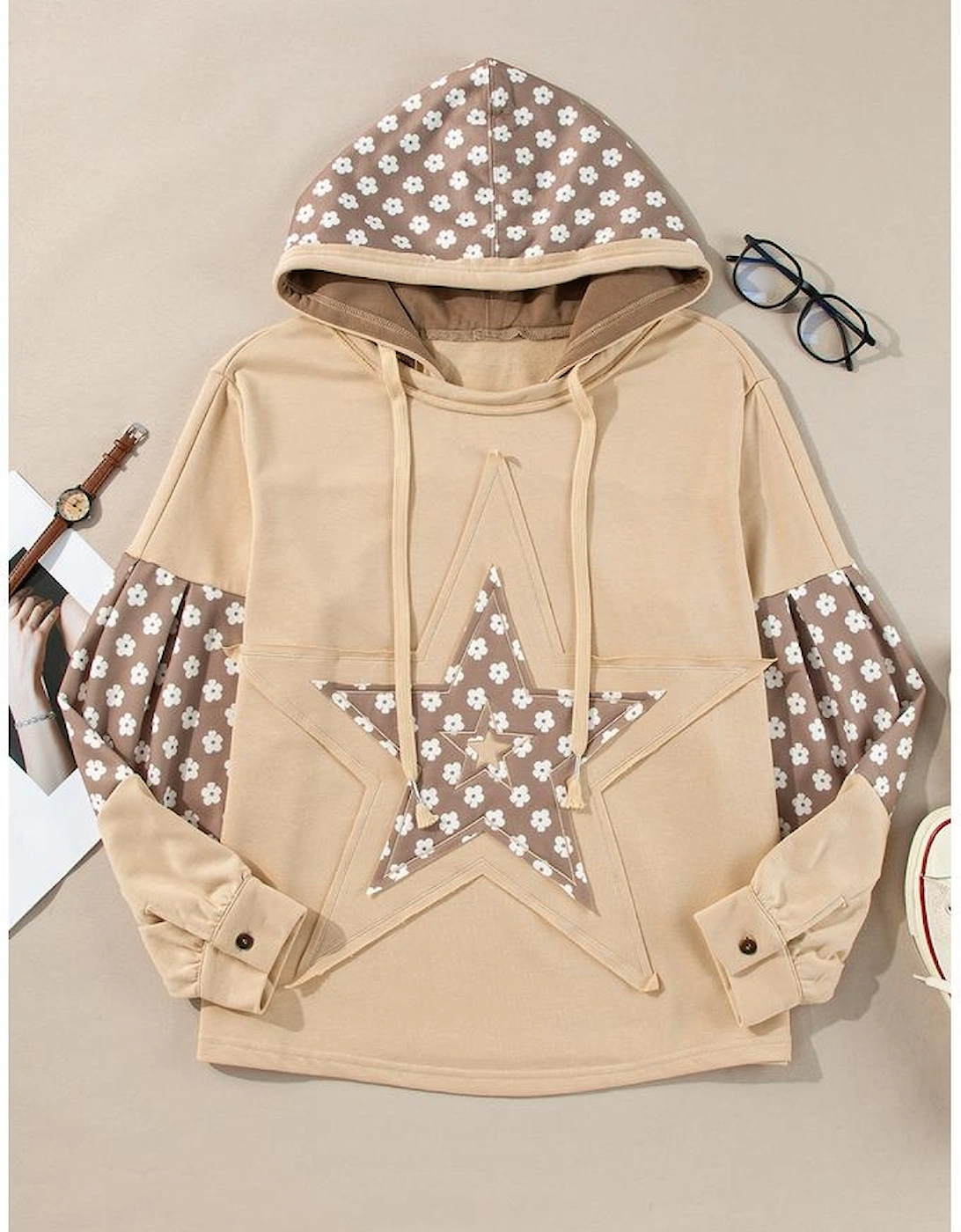 Apricot Floral Patchwork Star Pattern Drawstring Hoodie