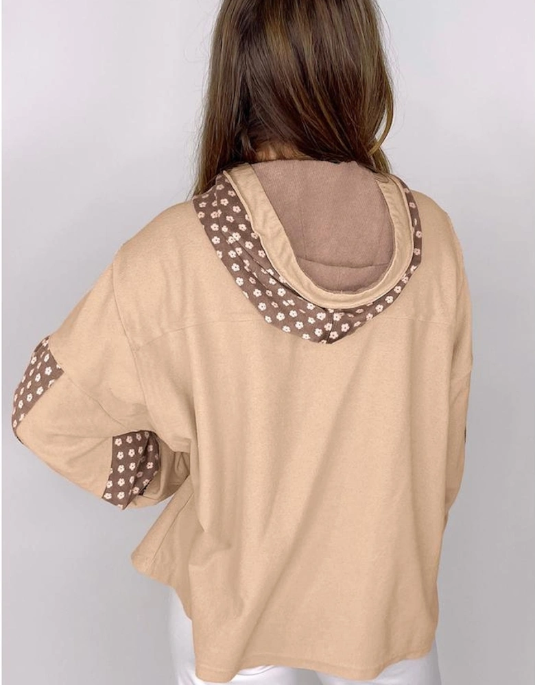 Apricot Floral Patchwork Star Pattern Drawstring Hoodie