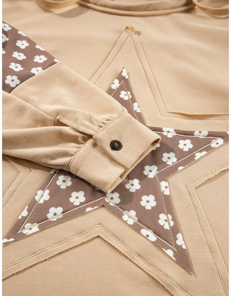 Apricot Floral Patchwork Star Pattern Drawstring Hoodie