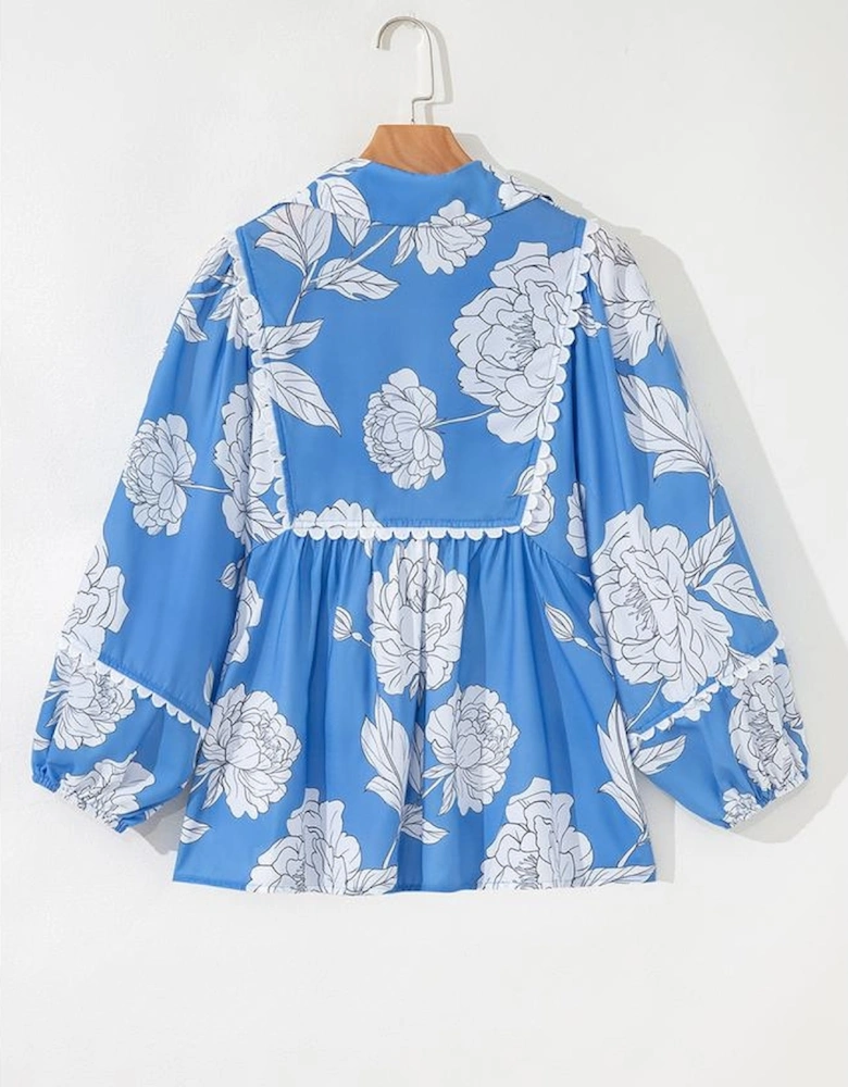 Sky Blue Floral Ricrac Trim Collared Puff Sleeve Loose Blouse