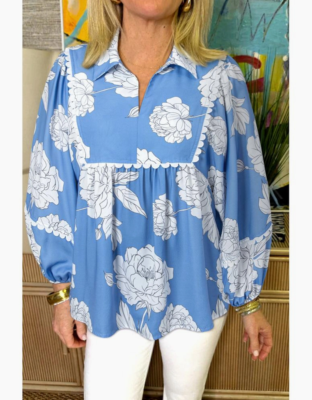 Sky Blue Floral Ricrac Trim Collared Puff Sleeve Loose Blouse