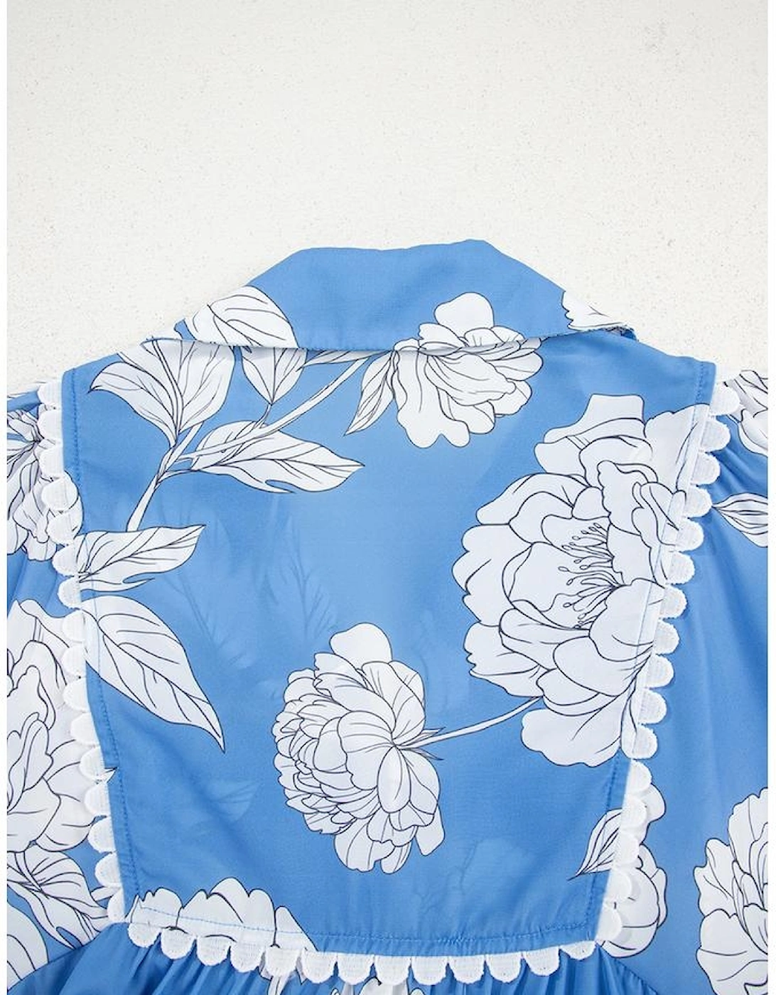 Sky Blue Floral Ricrac Trim Collared Puff Sleeve Loose Blouse