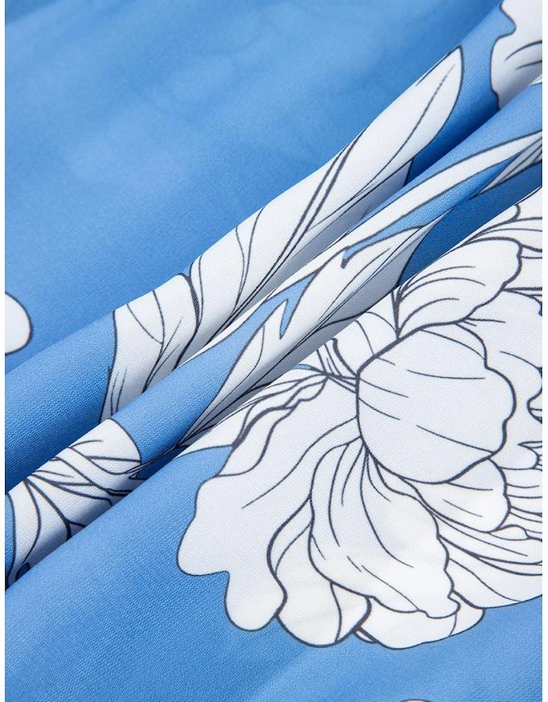 Sky Blue Floral Ricrac Trim Collared Puff Sleeve Loose Blouse