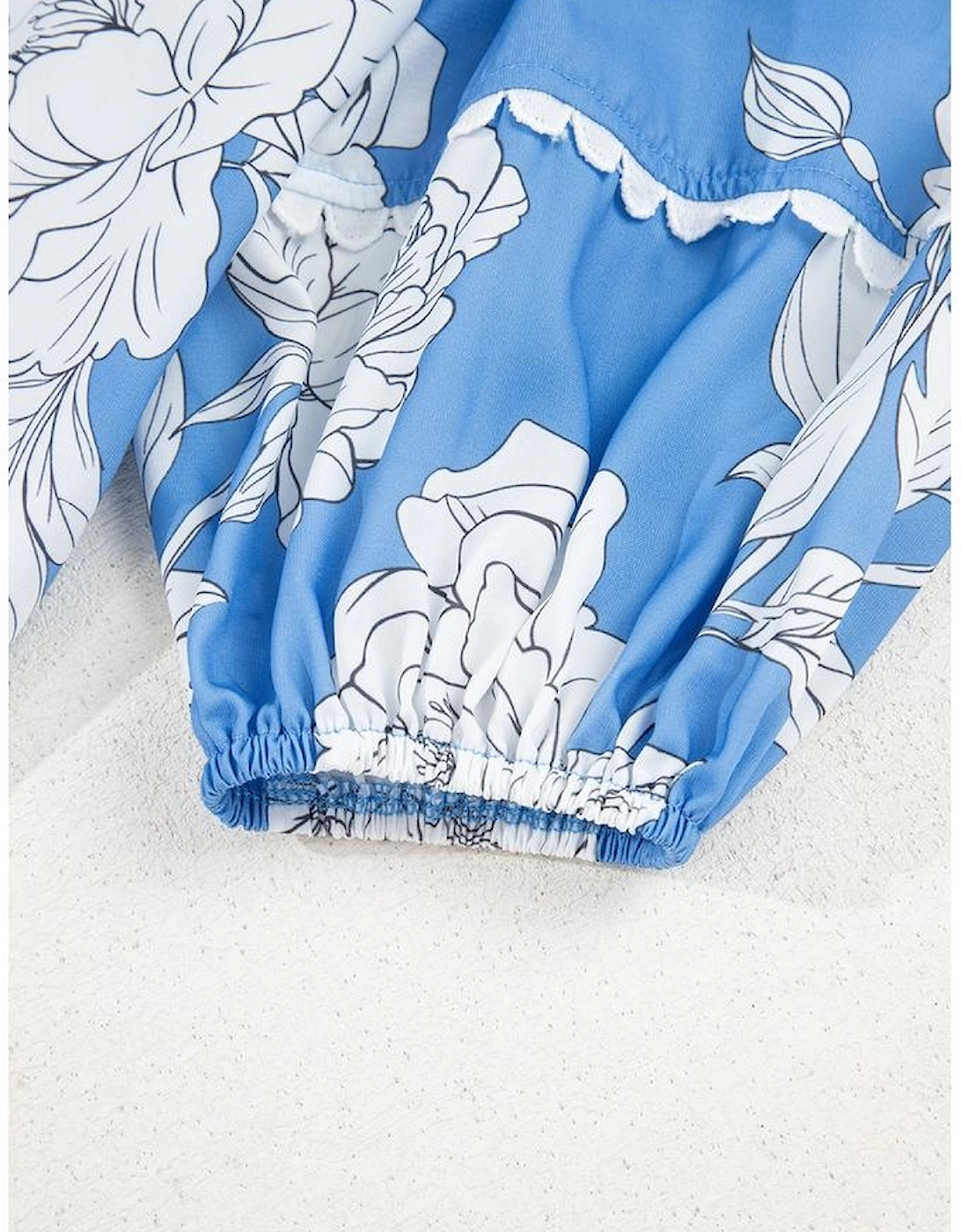 Sky Blue Floral Ricrac Trim Collared Puff Sleeve Loose Blouse