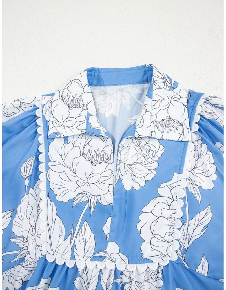 Sky Blue Floral Ricrac Trim Collared Puff Sleeve Loose Blouse