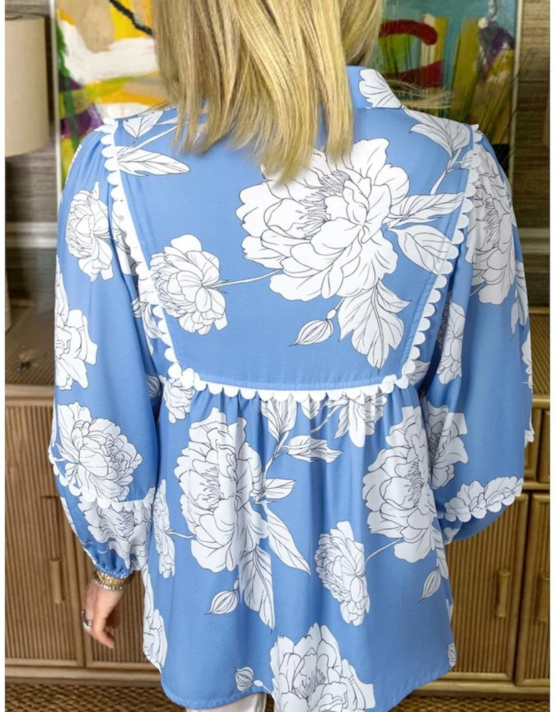 Sky Blue Floral Ricrac Trim Collared Puff Sleeve Loose Blouse